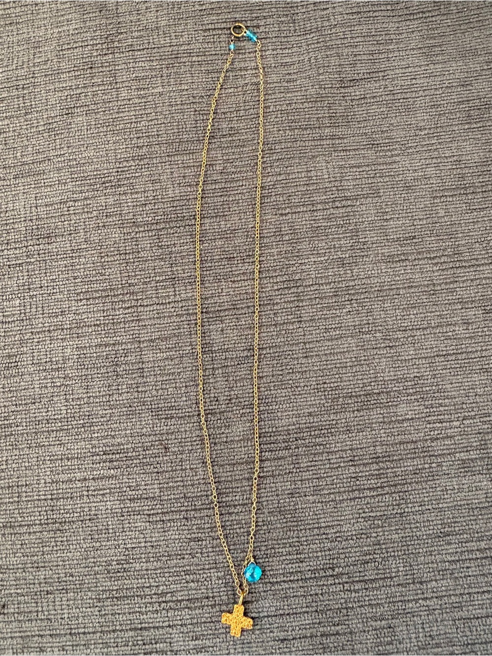 Gold Chain Necklace with Blue Crystal and Gold Cross Pendant